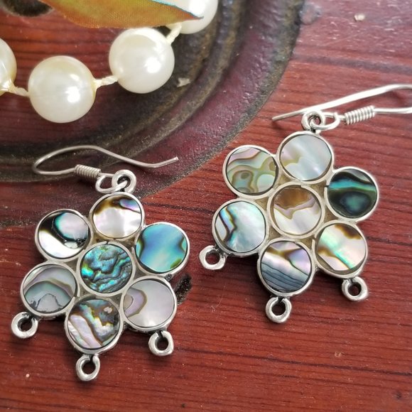 Abalone Shell Dangle Earrings Floral Shaped 925 Silver 1" - Picture 2 of 9